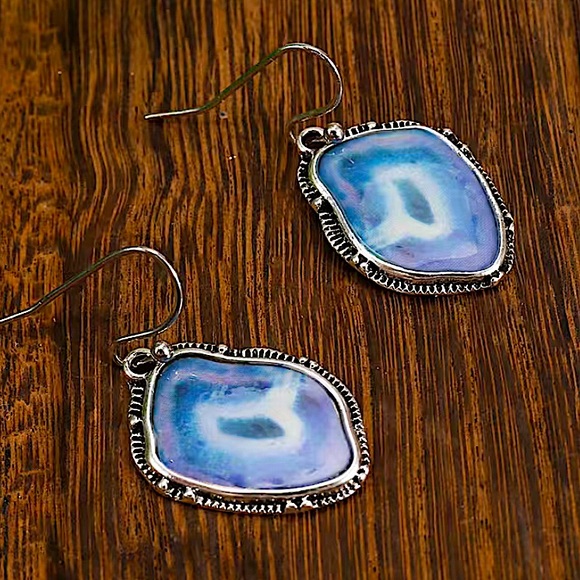 Silver Vintage Equestrian Western Inlay Antique Dangle Drop Earrings - Picture 4 of 5